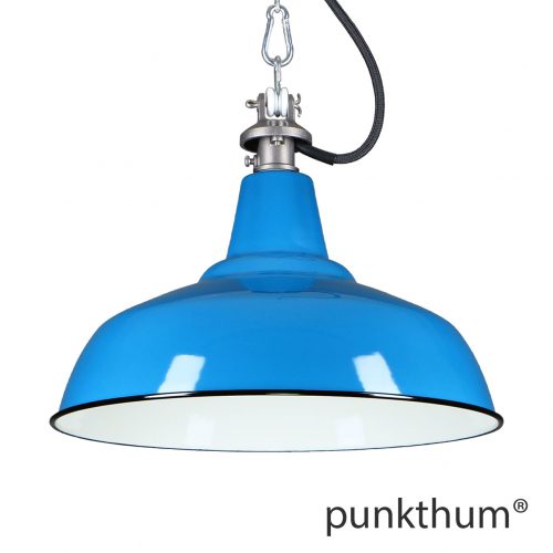 Blaue Emaillelampe, Industrielampe mit Stahlguss-Aufhängung und schwarzem Textilkabel.