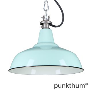 Hellgrüne Emaillelampe, Industrielampe mit Stahlguss-Aufhängung und schwarzem Textilkabel.