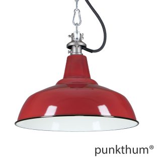 Weinrote Emaillelampe, Industrielampe mit Stahlguss-Aufhängung und schwarzem Textilkabel.