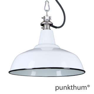 Weisse Emaillelampe, Industrielampe mit Stahlguss-Aufhängung und schwarzem Textilkabel.