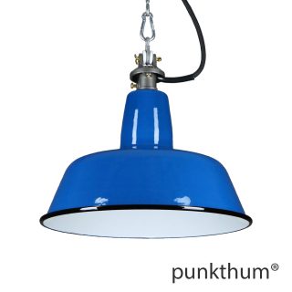 Blaue Emaillelampe, Industrielampe mit Stahlguss-Aufhängung und schwarzem Textilkabel.