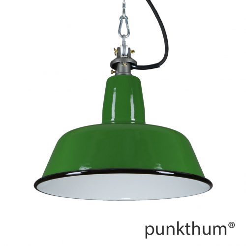 Grüne Emaillelampe, Industrielampe mit Stahlguss-Aufhängung und schwarzem Textilkabel.