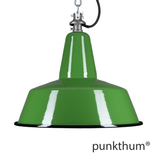 Grosse grüne Emaillelampe, Industrielampe mit Stahlguss-Aufhängung und schwarzem Textilkabel.