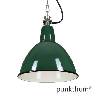 Grüne Emaillelampe, Industrielampe mit Stahlguss-Aufhängung und schwarzem Textilkabel.