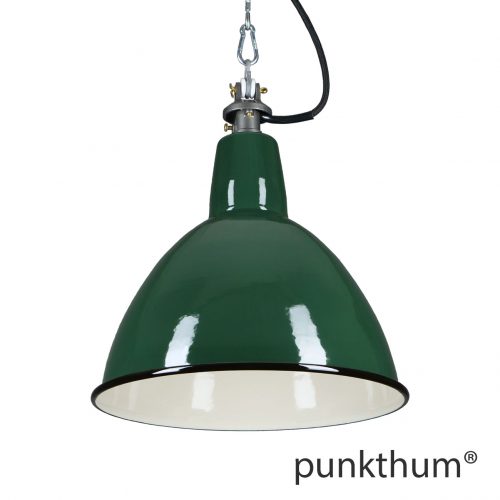 Grüne Emaillelampe, Industrielampe mit Stahlguss-Aufhängung und schwarzem Textilkabel.