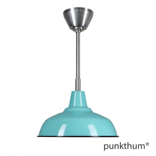 Fabriklampe, Emaillelampe in türkis, mit Stahlrohr-Aufhängung und Baldachin.