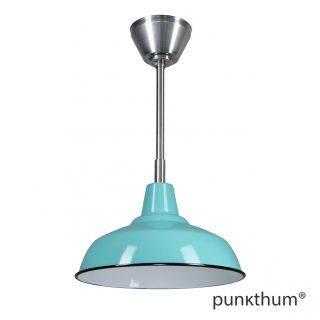 Fabriklampe, Emaillelampe in türkis, mit Stahlrohr-Aufhängung und Baldachin, Innenseite.