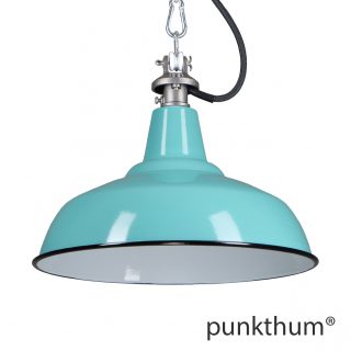 Emaillelampe, Industrielampe in türkis, mit Stahlguss-Aufhängung und schwarzem Textilkabel.