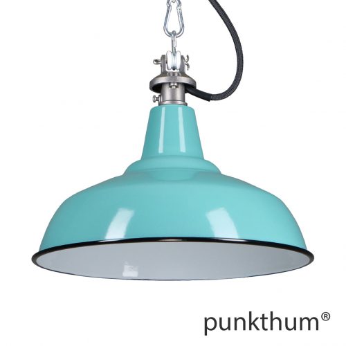 Emaillelampe, Industrielampe in türkis, mit Stahlguss-Aufhängung und schwarzem Textilkabel.
