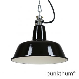 Schwarze Emaillelampe, Industrielampe mit Stahlguss-Aufhängung und schwarzem Textilkabel.