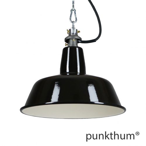 Schwarze Emaillelampe, Industrielampe mit Stahlguss-Aufhängung und schwarzem Textilkabel.