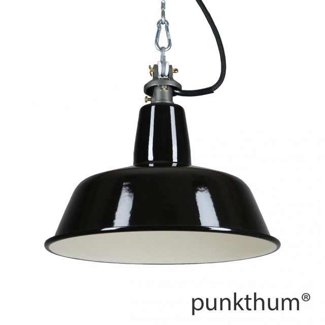 Schwarze Emaillelampe, Industrielampe mit Stahlguss-Aufhängung und schwarzem Textilkabel.